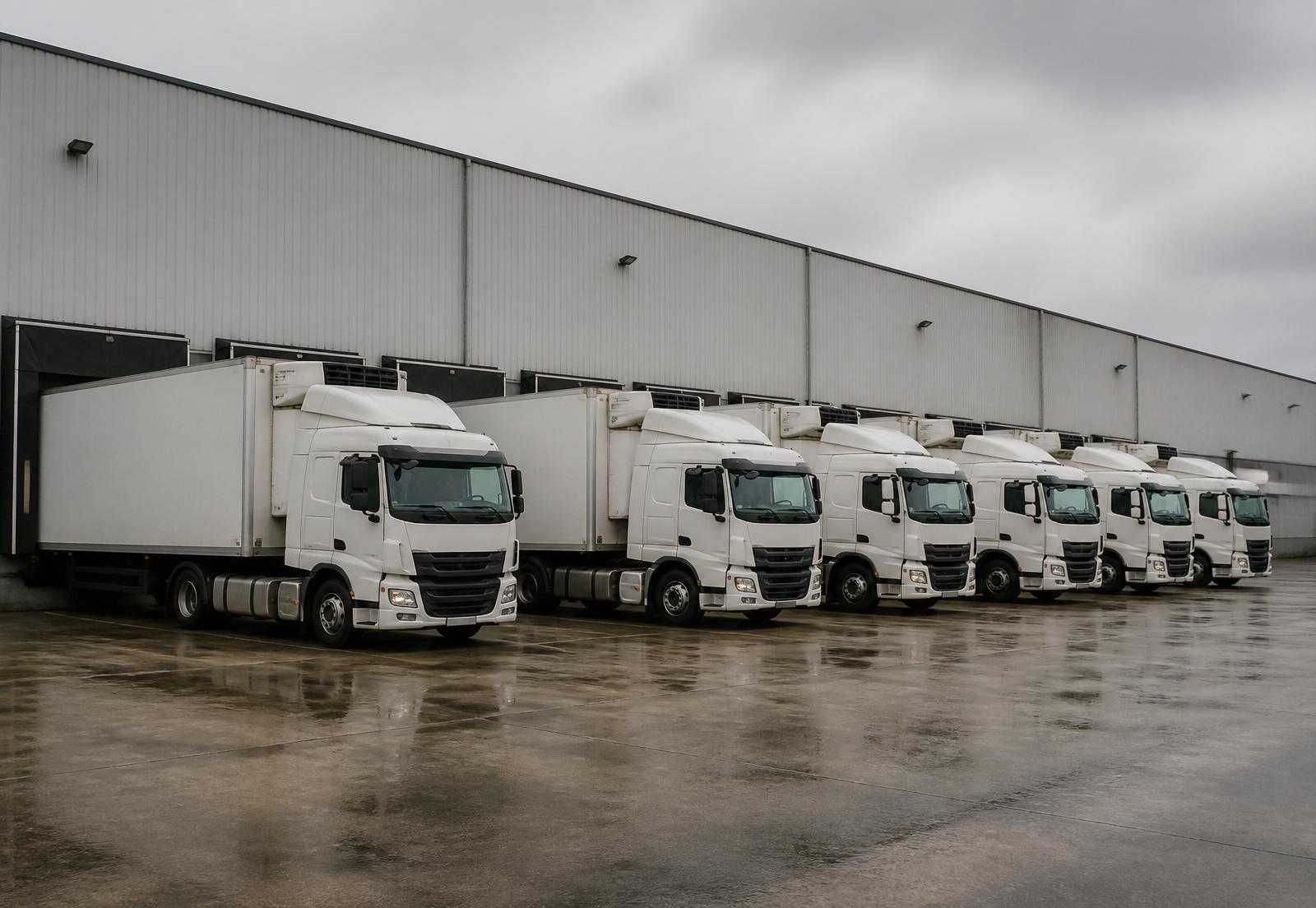 Row of refrigerated commercial tractors and trailers at dock doors