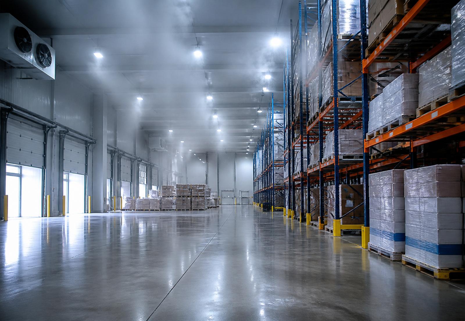 Interior of a refrigerated warehouse with racking and dock doors